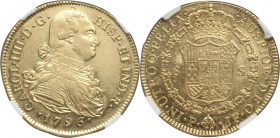 Charles IV gold 8 Escudos 1796 P-JF AU58 NGC, Popayan mint, KM62.2, Cay-14512. Highly reflective to a prooflike degree, its color canary yellow and wi...