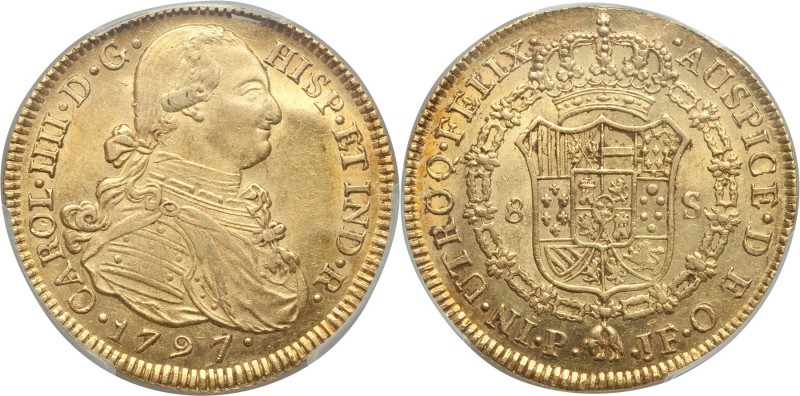 Charles IV gold 8 Escudos 1797 P-JF MS62 PCGS, Popayan mint, KM62.2, Cal-76. Adm...