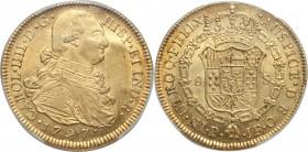Charles IV gold 8 Escudos 1797 P-JF MS62 PCGS, Popayan mint, KM62.2, Cal-76. Admirably struck with only the expected minor highpoint areas of softness...