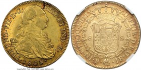 Ferdinand VII gold 8 Escudos 1809 P-JF MS60 NGC, Popayan mint, KM66.2, Onza-1275. True Mint State, the peripheries exhibiting a lovely iridescent red ...