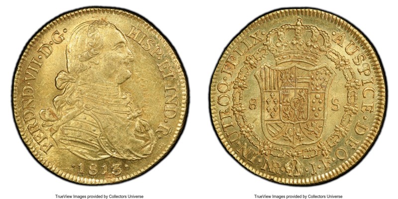 Ferdinand VII gold 8 Escudos 1813 NR-JF AU58 PCGS, Nuevo Reino mint, KM66.1, Res...