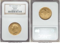 Granadine Confederation gold 10 Pesos 1861-BOGOTA AU55 NGC, Bogota mint, KM129.1. Mintage: 834. Rarest date of three year type, harvest shade of gold ...