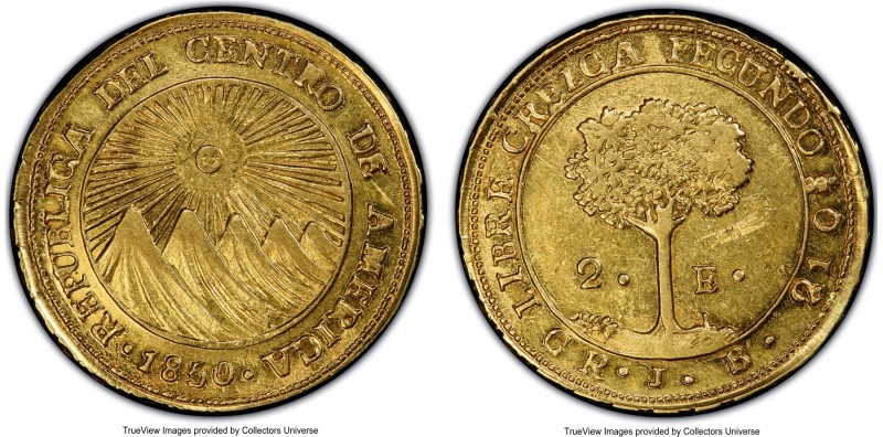 Central America Republic gold 2 Escudos 1850 CR-JB AU53 PCGS, San Jose mint, KM1...