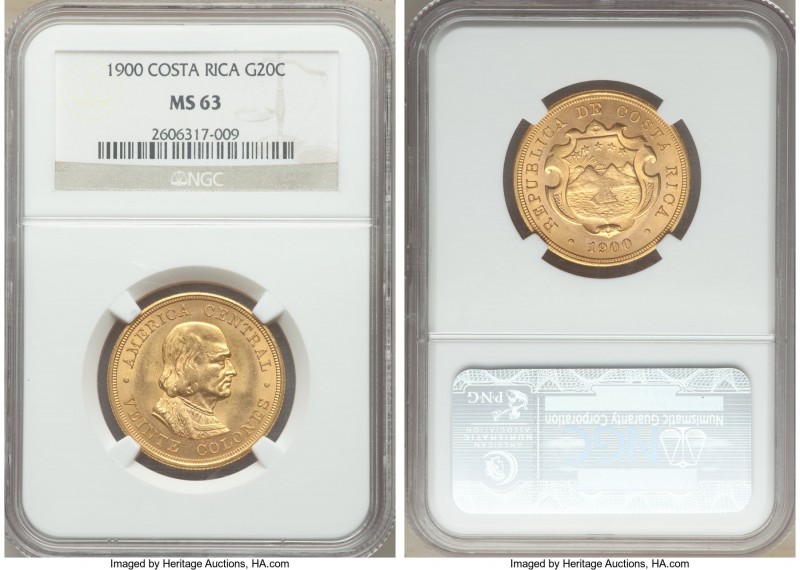 Republic gold 20 Colones 1900 MS63 NGC, Philadelphia mint, KM141. Mintage: 5,000...