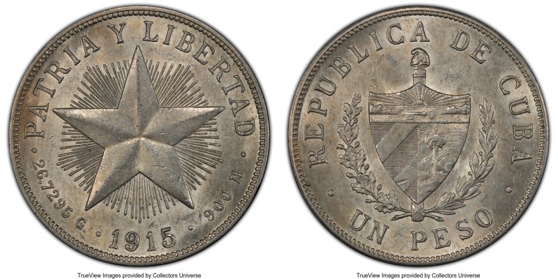 Republic "High Relief" Star Peso 1915 MS62 PCGS, Philadelphia mint, KM15.2. High...