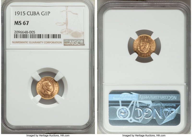 Republic gold Peso 1915 MS67 NGC, Philadelphia mint, KM16. Boldly stuck with stu...