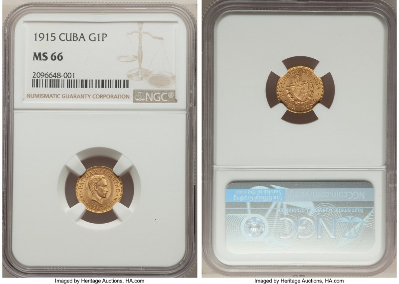 Republic gold Peso 1915 MS66 NGC, Philadelphia mint, KM16. From the El Don Diego...