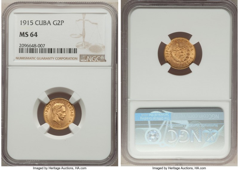 Republic gold 2 Pesos 1915 MS64 NGC, Philadelphia mint, KM17. From the El Don Di...