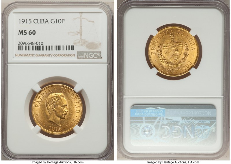 Republic gold 10 Pesos 1915 MS60 NGC, Philadelphia mint, KM20. AGW 0.4837 oz. Fr...