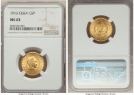 Republic Pair of Certified gold 5 Pesos NGC, 1) 5 Pesos 1915 - MS63 2) 5 Pesos 1916 - MS62 Philadelphia mint, KM19. From the El Don Diego Luna Collect...