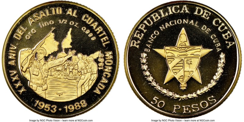 Republic gold Proof "35th Anniversary of Moncada Garrison Assault" 50 Pesos 1989...