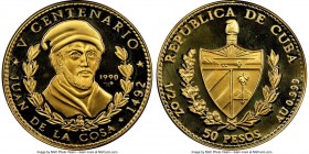 Republic gold Proof "Juan de la Cosa - New World 500th Anniversary" 50 Pesos 1990 PR70 Ultra Cameo NGC, KM301. Mintage: 250. From the El Don Diego Lun...