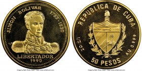 Republic gold Proof "Simon Bolivar" 50 Pesos 1990 PR67 Ultra Cameo NGC, KM281. Mintage: 50. Includes the original plastic folder with COA. 

HID098012...