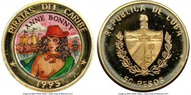 Republic gold Proof Colorized "Pirates of the Caribbean - Anne Bonny" 50 Pesos 1995 PR69 Ultra Cameo NGC, KM492. Estimated Mintage: 1,000. From the El...