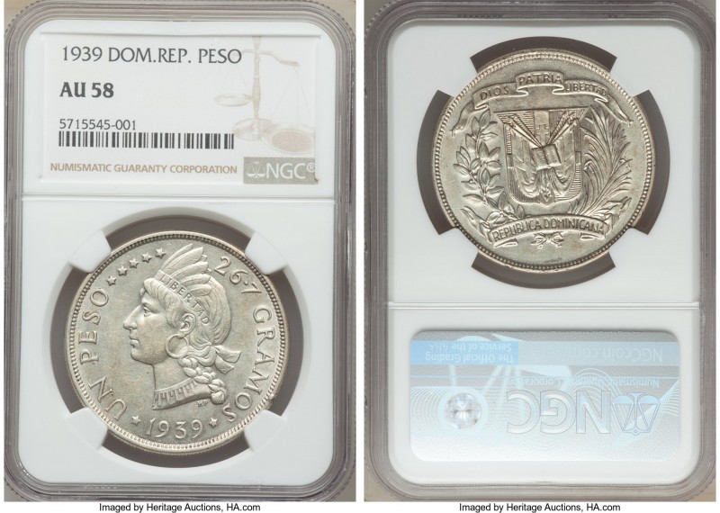 Republic Peso 1939 AU58 NGC, Philadelphia mint, KM22. With only light wisps and ...