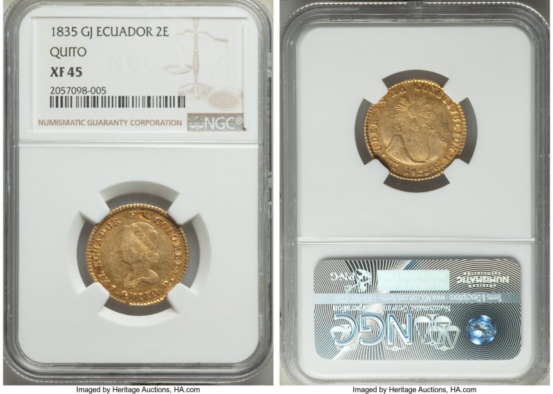 Republic gold 2 Escudos 1835 QUITO-GJ XF45 NGC, Quito mint, KM16. A charming des...