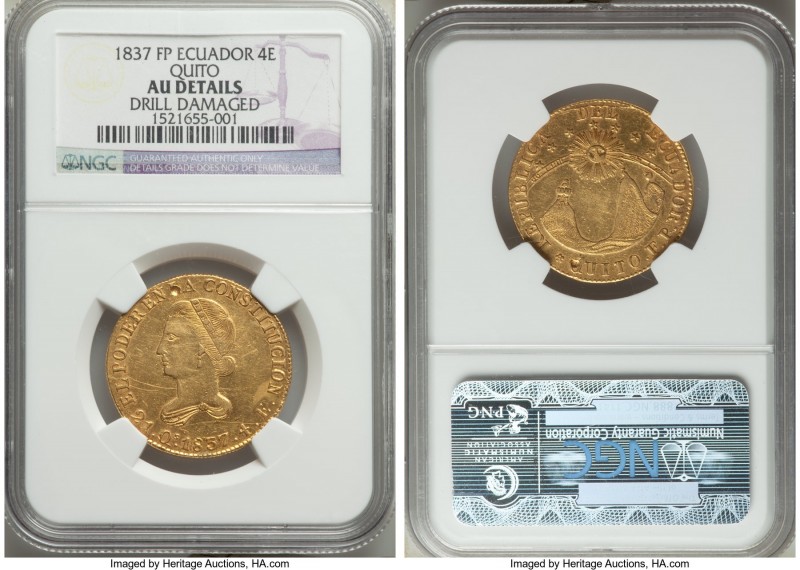 Republic gold 4 Escudos 1837 QUITO-FP AU Details (Drill Damaged) NGC, Quito mint...