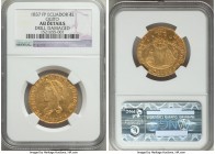 Republic gold 4 Escudos 1837 QUITO-FP AU Details (Drill Damaged) NGC, Quito mint, KM19. Drill damage noted at 12 o'clock on obverse and directly behin...