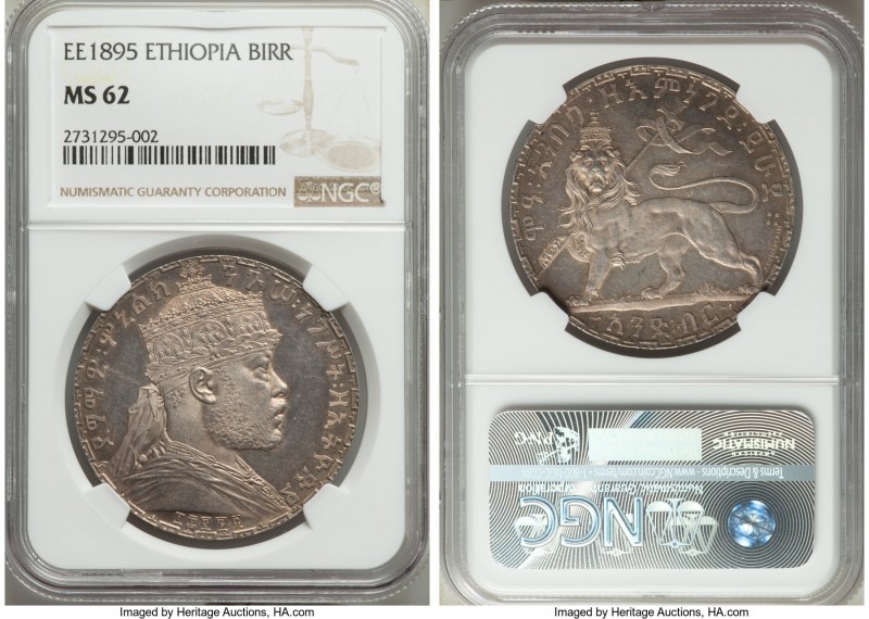 Menelik II Birr EE 1895 (1902/3) MS62 NGC, Paris mint, KM19. Struck in 1901, 190...