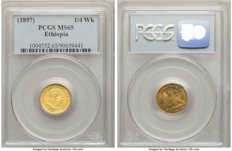 Menelik II gold 1/4 Werk EE 1889 (1897) MS65 PCGS, KM16. From the Axum Collectio...