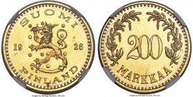 Republic gold 200 Markkaa 1926-S MS64 NGC, Helsinki mint, KM29, Fr-7. Scintillating luster pervades over the surfaces of this fully struck, near-gem s...