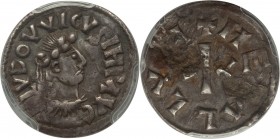 Carolingian. Louis the Pious (814-840) "Portrait" Denier ND (814-818) XF Details (Damage) PCGS, Melle mint, Class 1, Rob-1067, MEC I-758, MG-396, Dep-...