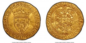 Charles VI gold Ecu d'Or a la couronne ND (1380-1422) MS62 PCGS, St. Quentin mint (star in the center of cross), Fr-291, Dup-369A. 3.88gm. +KAROLVS: D...