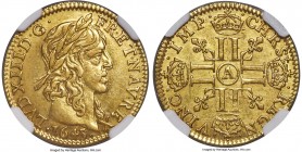 Louis XIII gold 1/2 Louis d'Or 1643-A MS62 NGC, Paris mint, KM148.1, Fr-416. Dot at end of reverse legend. Straw-gold, exhibiting only light wisps of ...