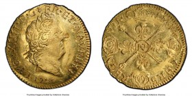 Louis XIV gold Louis d'Or 1704-Z MS62 PCGS, Grenoble mint, KM365.23, Gad-254. Overstruck on an earlier Louis d'Or of the same monarch. A very rare min...