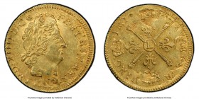 Louis XIV gold Louis d'Or 1704-L MS61 PCGS, Bayonne mint, KM365.11, Gad-254. Overstruck on a 1701? Louis d'Or of the same monarch. Featuring strong di...