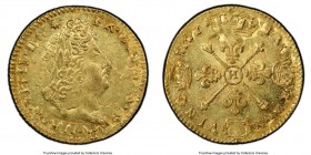 Louis XIV gold Louis d'Or 1704-H AU58 PCGS, La Rochelle mint, KM365.8, Gad-254. Overstruck on a 1694 Louis d'Or of the same monarch. Very appealing qu...