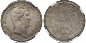Louis Philippe I 5 Francs 1831-A MS66 NGC, Paris mint, KM736.1, Gad-676a. Bare head type with raised edge lettering. A truly elite specimen, ranking, ...