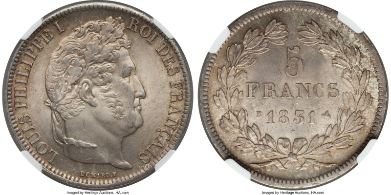 Louis Philippe I 5 Francs 1831-B MS66 NGC, Rouen mint, KM745.2, Gad-677a. Laurea...