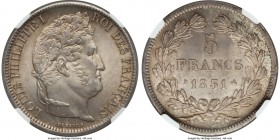 Louis Philippe I 5 Francs 1831-B MS66 NGC, Rouen mint, KM745.2, Gad-677a. Laureate head type. A considerably rarer type-date-mint combination, this da...