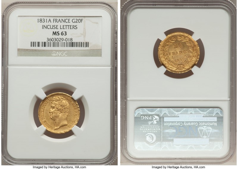 Louis Philippe I gold 20 Francs 1831-A MS63 NGC, Paris mint, KM739.1. Variety wi...