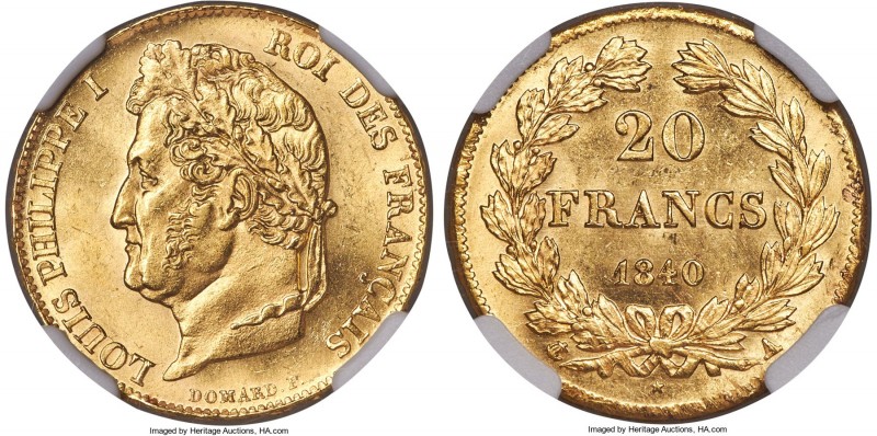 Louis Philippe I gold 20 Francs 1840-A MS64 NGC, Paris mint, KM750.1. Scattered ...