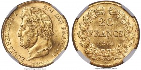 Louis Philippe I gold 20 Francs 1840-A MS64 NGC, Paris mint, KM750.1. Scattered contact marks in line with the grade – in all other respects pleasing,...