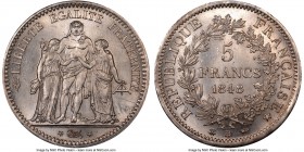 Republic 5 Francs 1848-BB MS65 NGC, Strasbourg mint, KM756.2. An iconic and historic type, struck for just two years after the Revolution of 1848 and ...