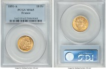 Republic gold 10 Francs 1851-A MS65 PCGS, Paris mint, KM770, Gad-1012. Just a two-year type, and an extremely popular one at that, featuring the iconi...