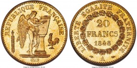 Republic gold 20 Francs 1848-A MS65 NGC, Paris mint, KM757, Gad-1032. A freshly lustrous orange-gold selection exhibiting the highest degree of visual...