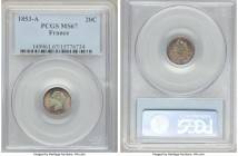Napoleon III 20 Centimes 1853-A MS67 PCGS, Paris mint, KM778.1. Richly toned and sharply executed in the devices.

HID09801242017