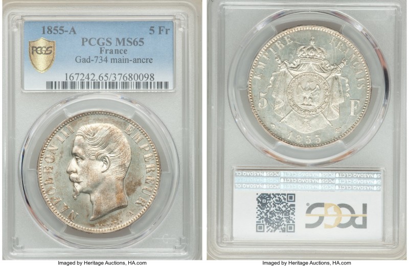 Napoleon III 5 Francs 1855-A MS65 PCGS, Paris mint, KM782.1, Gad-734. Variety wi...