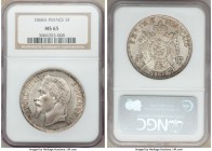 Napoleon III 5 Francs 1868-A MS65 NGC, Paris mint, KM799.1. The second finest of 43 certified at NGC, quite a remarkably feat for a usually high-grade...