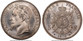 Napoleon III 5 Francs 1870-A MS65 NGC, Paris mint, KM799.1. A very difficult type to procure so fresh and gem, the whole of the piece perfectly icy wh...