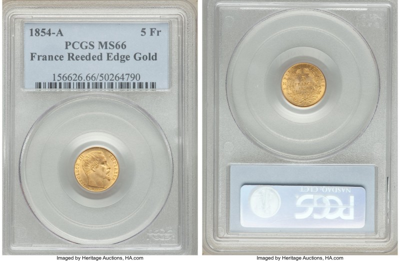 Napoleon III gold 5 Francs 1854-A MS66 PCGS, Paris mint, KM783, Gad-1000. Reeded...