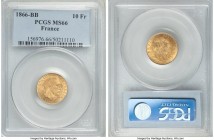 Napoleon III gold 10 Francs 1866-BB MS66 PCGS, Strasbourg mint, KM800.2, Gad-1015. Handsomely crisp and heavily struck-up in all of the design feature...