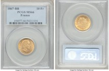 Napoleon III gold 10 Francs 1867-BB MS66 PCGS, Strasbourg mint, KM800.2, Gad-1015. Soundly struck and strikingly lustrous with a subtly red-gold tinge...