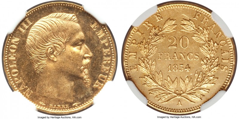 Napoleon III gold 20 Francs 1854-A MS66 NGC, Paris mint, KM781.1. The highest gr...