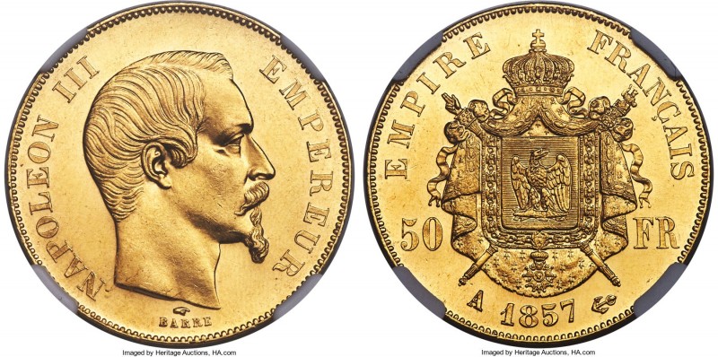 Napoleon III gold 50 Francs 1857-A MS64 NGC, Paris mint, KM785.1. A handsome typ...