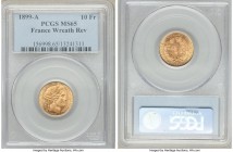 Republic gold 10 Francs 1899-A MS65 PCGS, Paris mint, KM830, Fr-594. Of tremendous quality and lovingly preserved in the over 100 years since it left ...